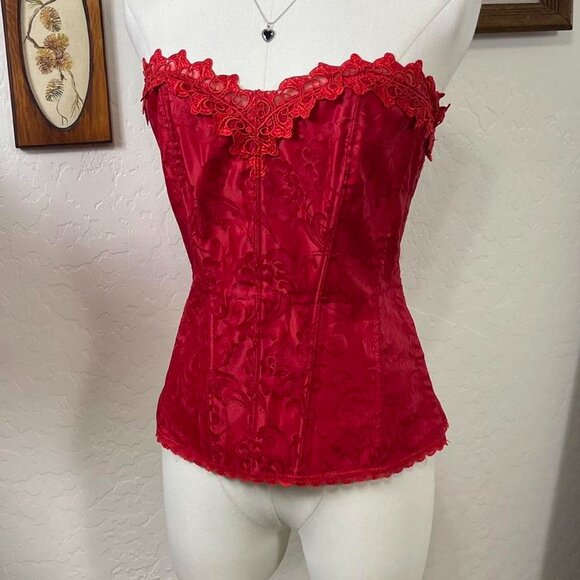 Vintage Y2K Gothic Valentines Red Lace Satin Size Clasp Corset Top - Picture 3 of 8